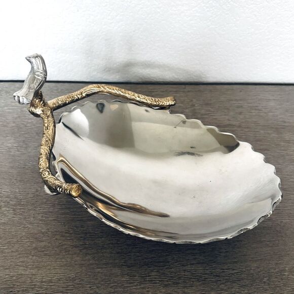 Metallic Silver Gold Bird Tree Branch Serving Bowl Dish - Picture 1 of 8